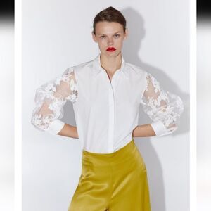 Zara White Organza Appliques Balloon Sleeves Button Down Shirt M (15)